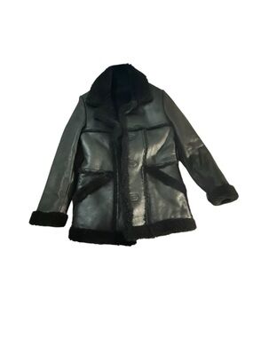 Pologeorgis Women's Black Shearling Trim mink Leather-Style Coat